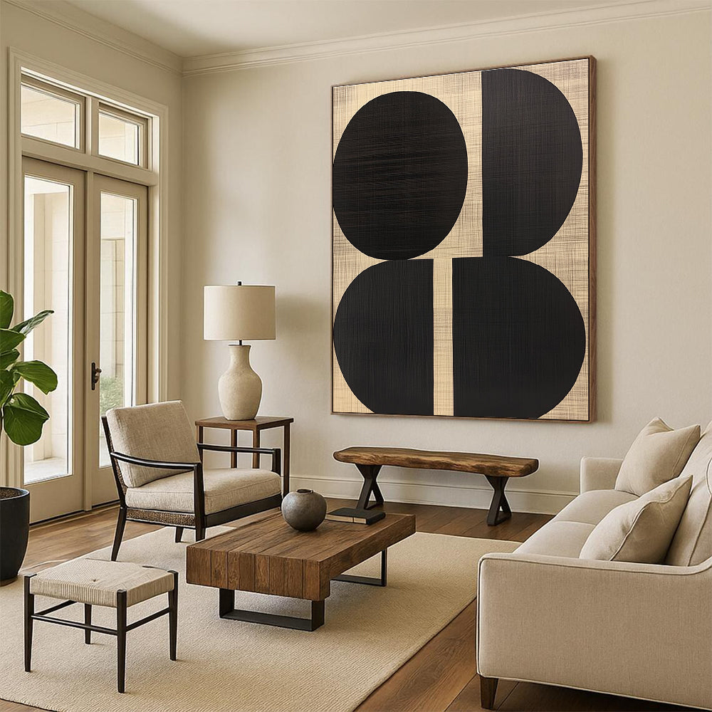 Black Oval Shapes Abstract Art on Textured Beige GER242