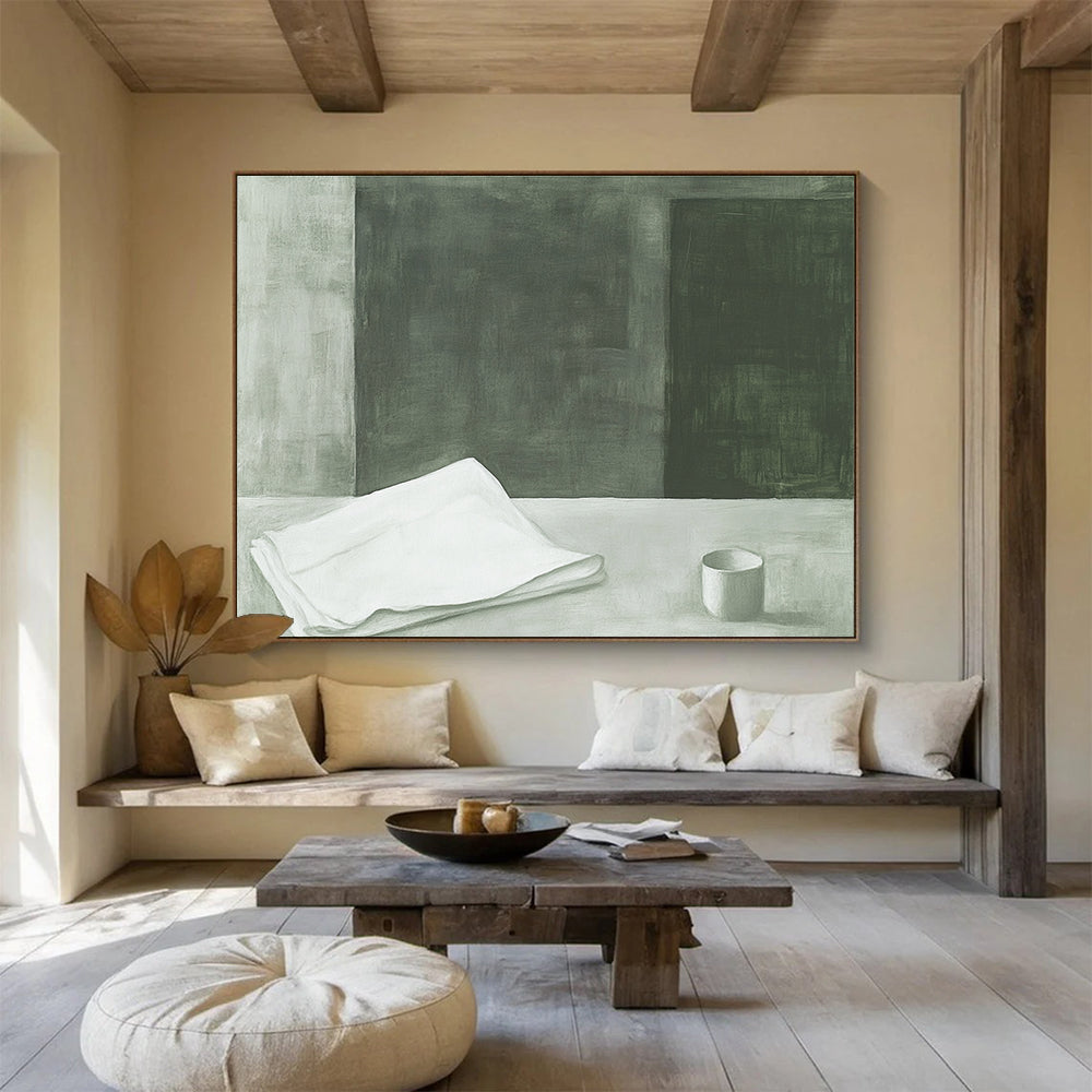 A large abstract painting featuring a folded white sheet with soft edges and hazy details in green and gray tones inspired by Peter Doig.SC571