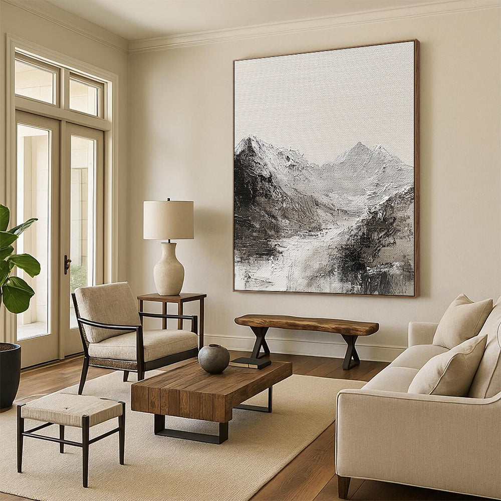 Large abstract painting of the English Lake District mountain range featuring textured canvas monochromatic gray and white oil paint abstract brush strokes.STSC642