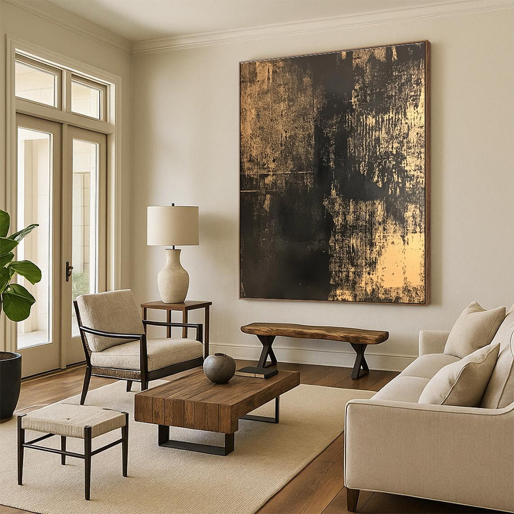 Abstract painting in black and gold on distressed dark brown canvas showcasing intricate details and subtle patterns reminiscent of traditional Chinese art.STSC855
