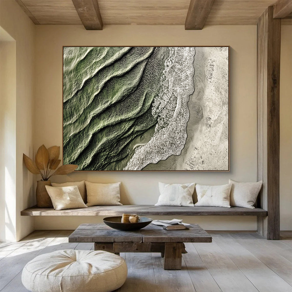 Aerial Beach View Abstract Painting with Green and White Tones DYP574