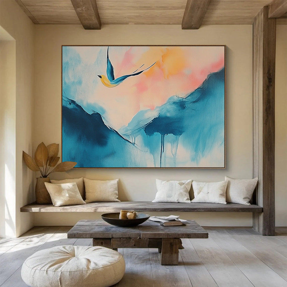 Large abstract painting of a serene island with soft blue pink hues and a joyful yellow bird above, evoking freedom and life's journey.SC554