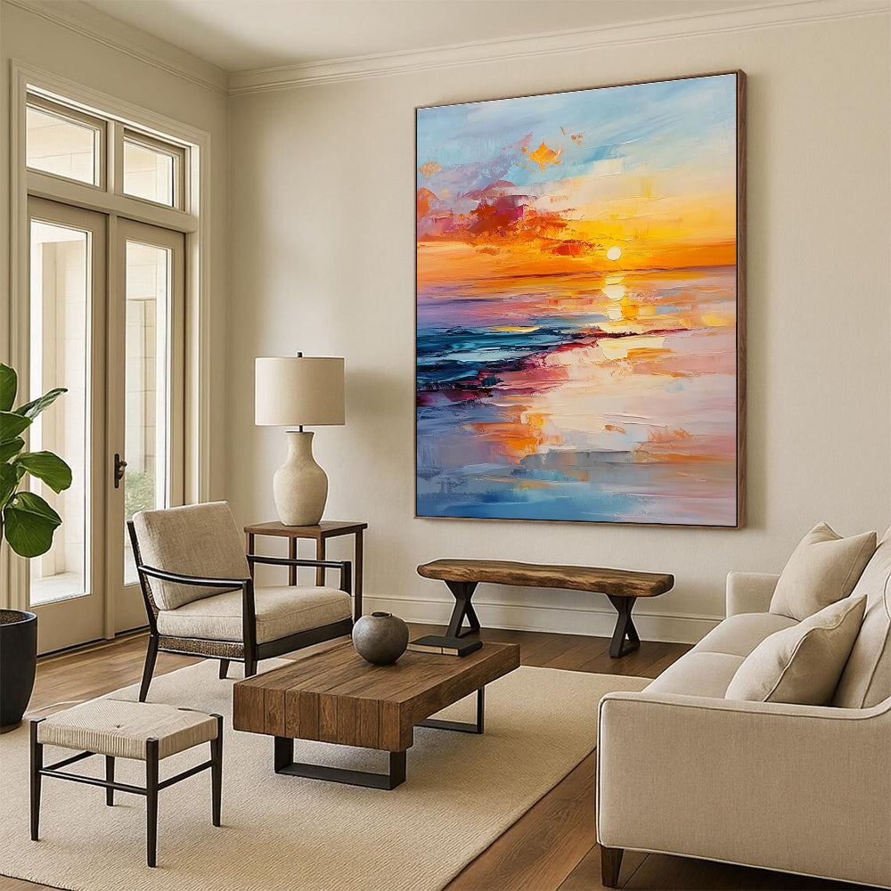 Abstract painting of a sunset over the ocean with vibrant orange and pink hues reflecting on serene waters conveying tranquility and harmony.STSC895