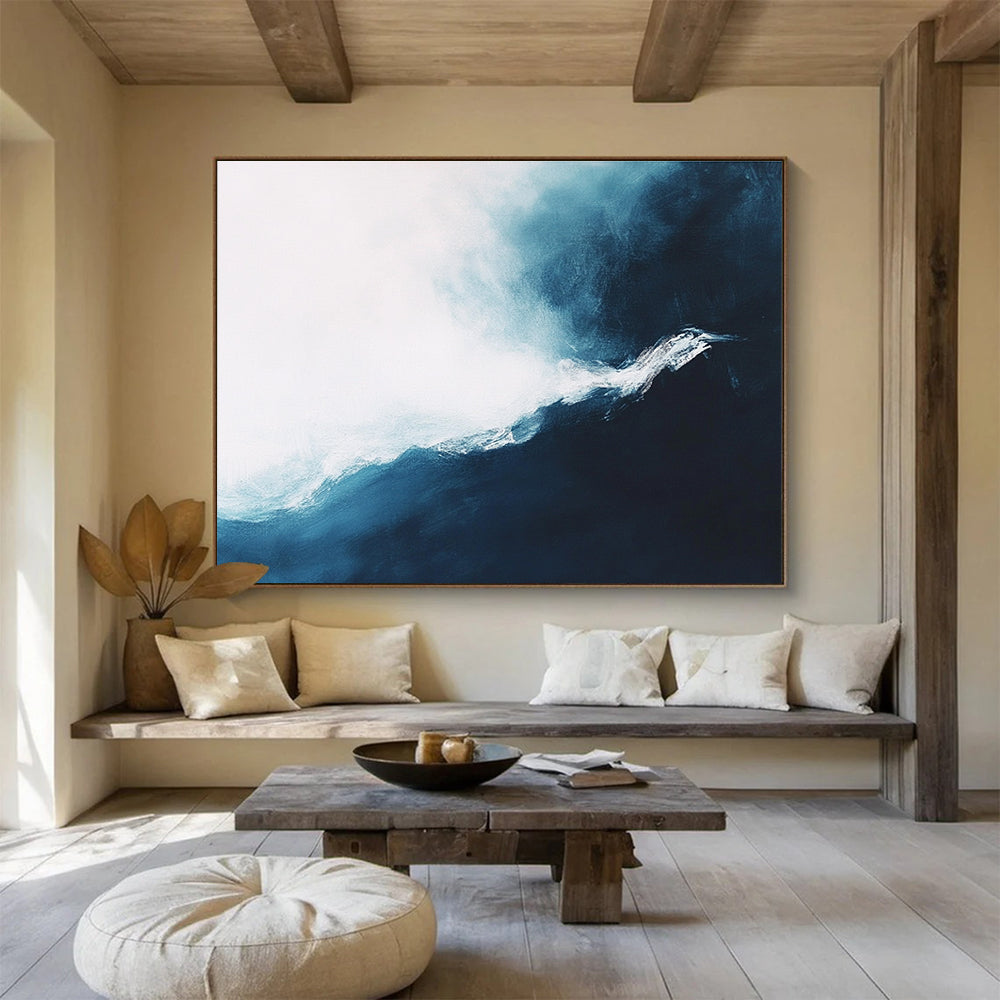 Blue and White Wave Abstract Painting with Dynamic Brushstrokes DYP338