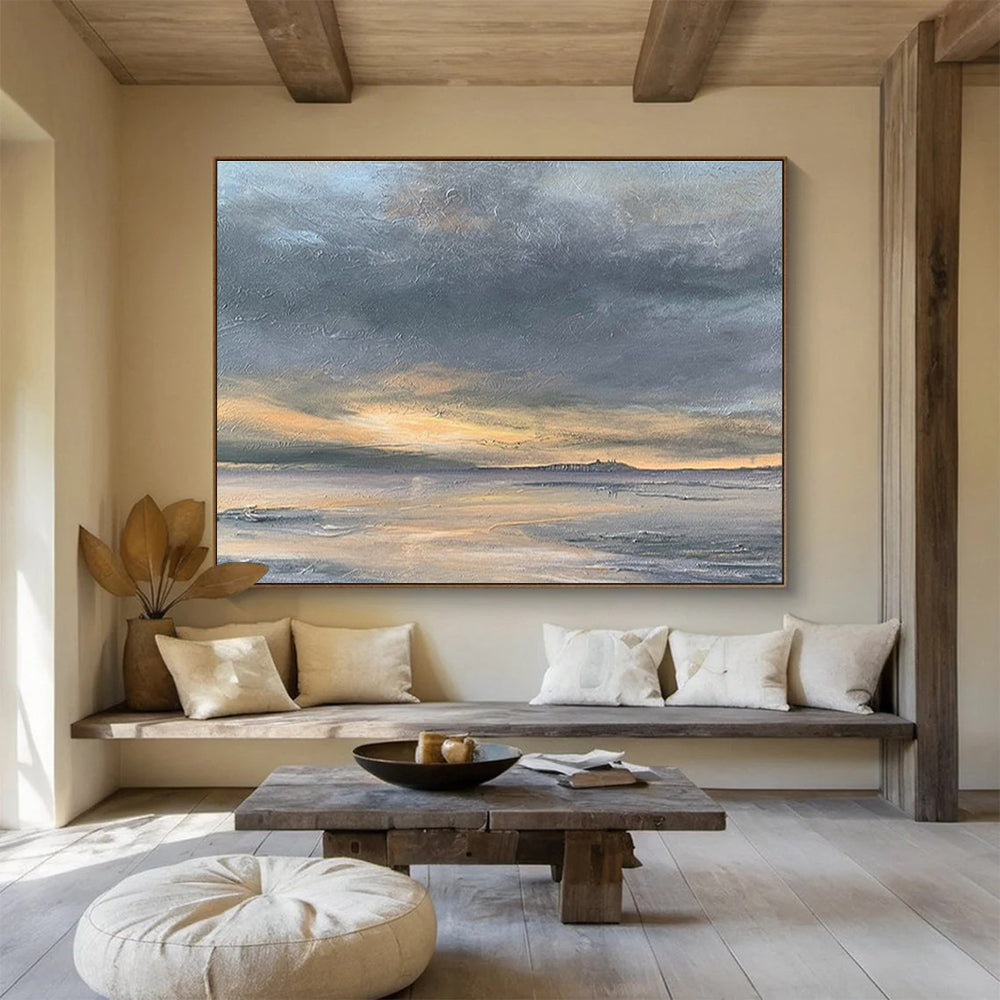 Grey Orange Sunset Sea Sky Abstract Painting THY022