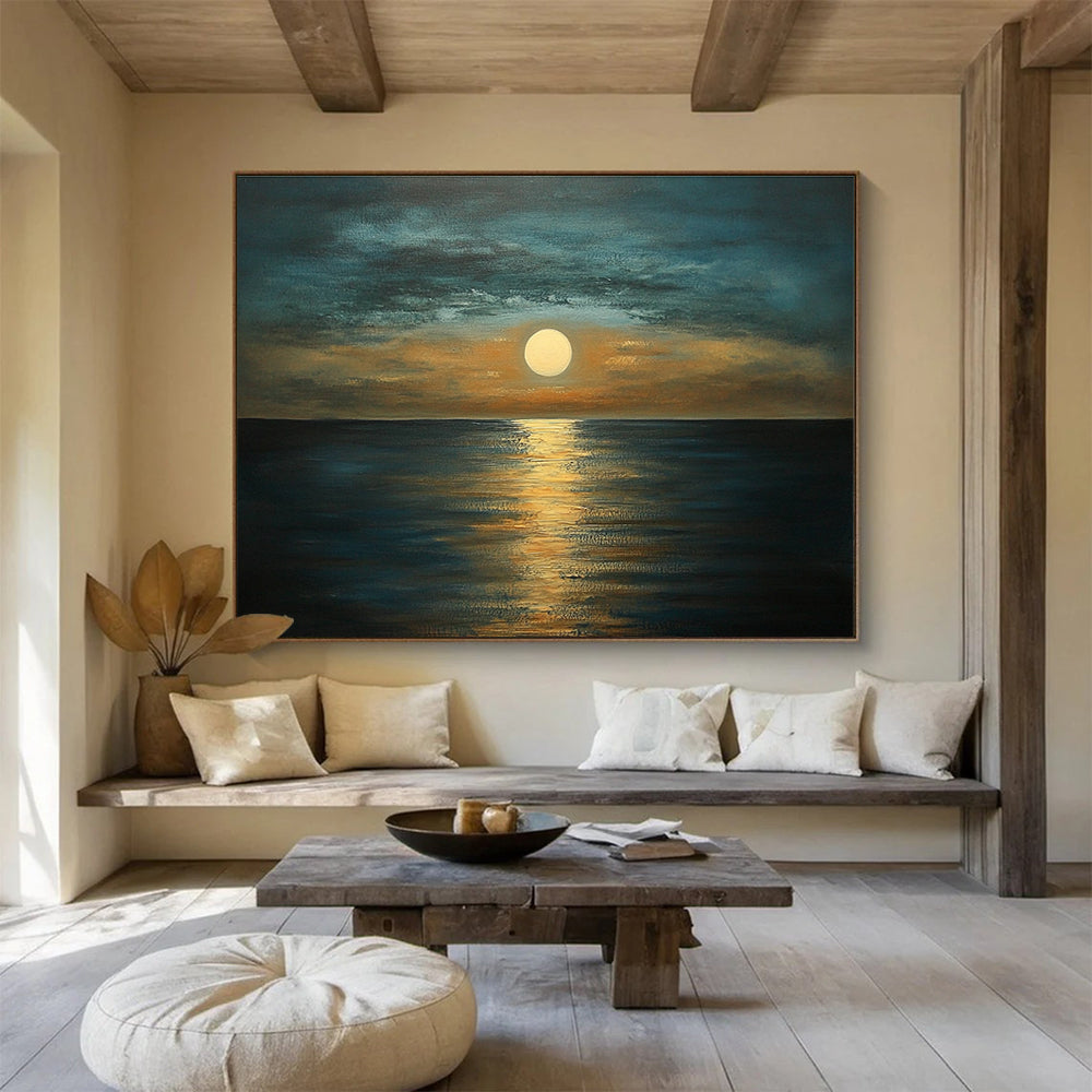 A large abstract painting depicting a serene sea at dusk with muted tones of blue brown and gold capturing tranquility and harmony in nature.SC413