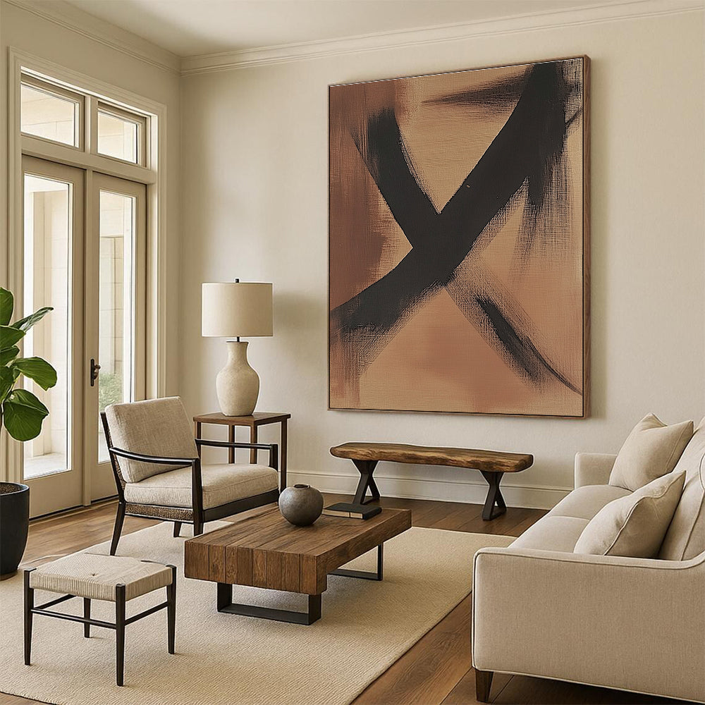 Brown and Black Abstract Painting with Minimalist Lines GER592