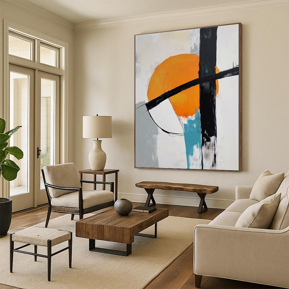 Orange Black and White Abstract Painting with Circular Motifs GER697