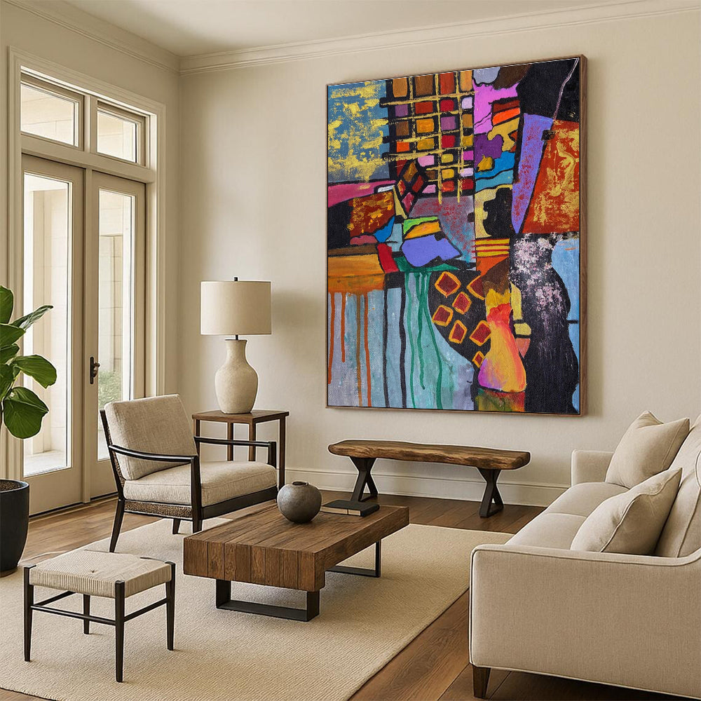 Colorful Cubist - Inspired Abstract Painting with Eclectic Shapes ADGE459
