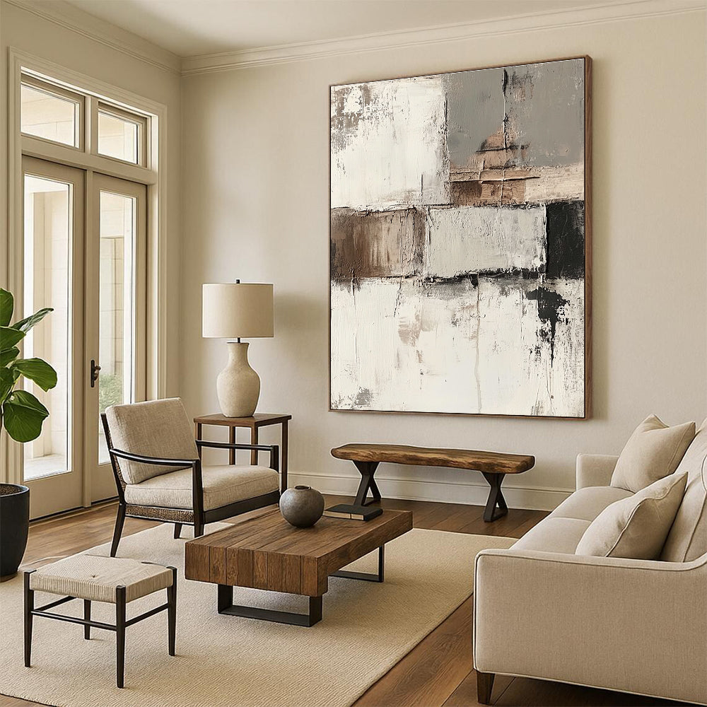 Abstract painting featuring impasto techniques with muted neutral tones and faded architectural elements on a soft grunge background.STSC424