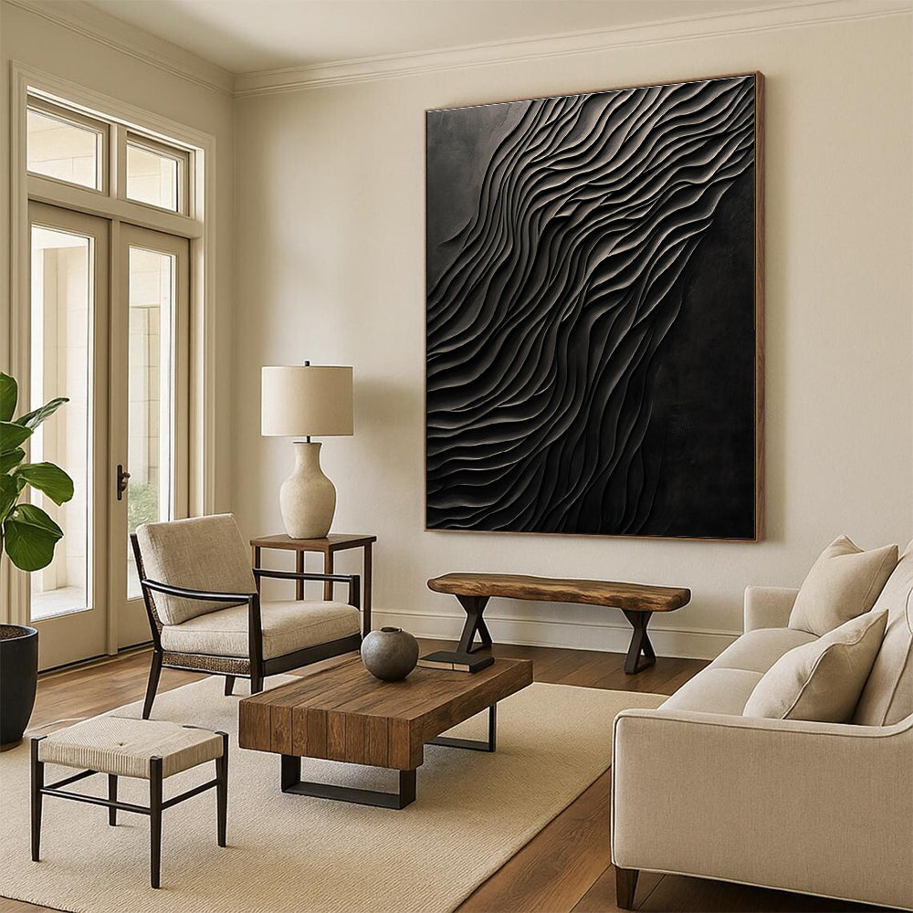 Large abstract art piece featuring dark carved wood with smooth forms and a monochromatic gray palette creating a mysterious atmosphere.STSC1289