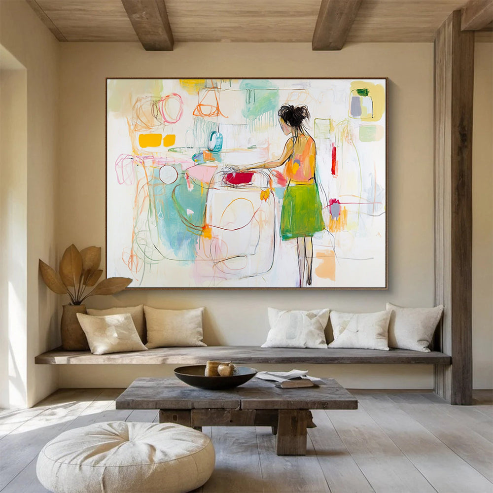 Large abstract painting of a woman doing laundry featuring loose gestural lines in white with vibrant yellow green red pink and blue accents.SC184