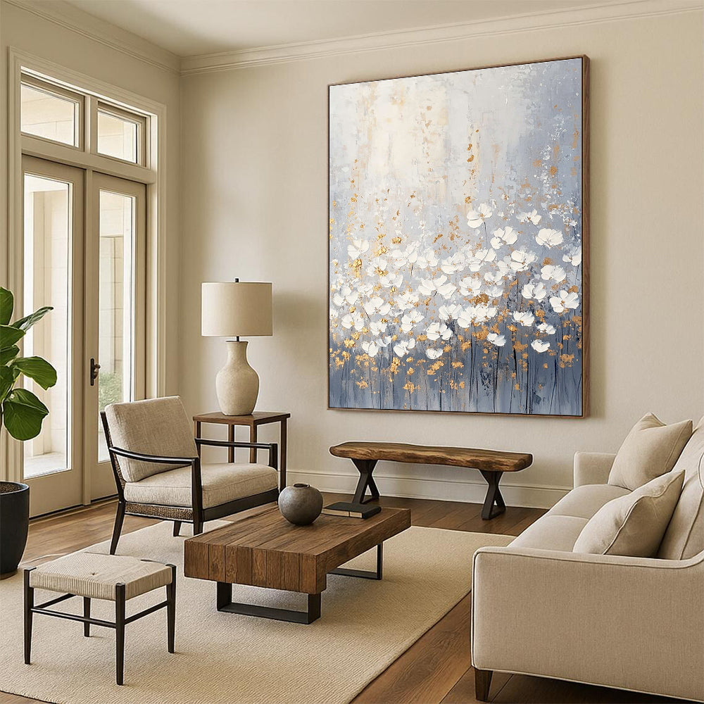 Large abstract painting of light gray and white wildflowers with muted colors and gold accents in a boho style.STSC318