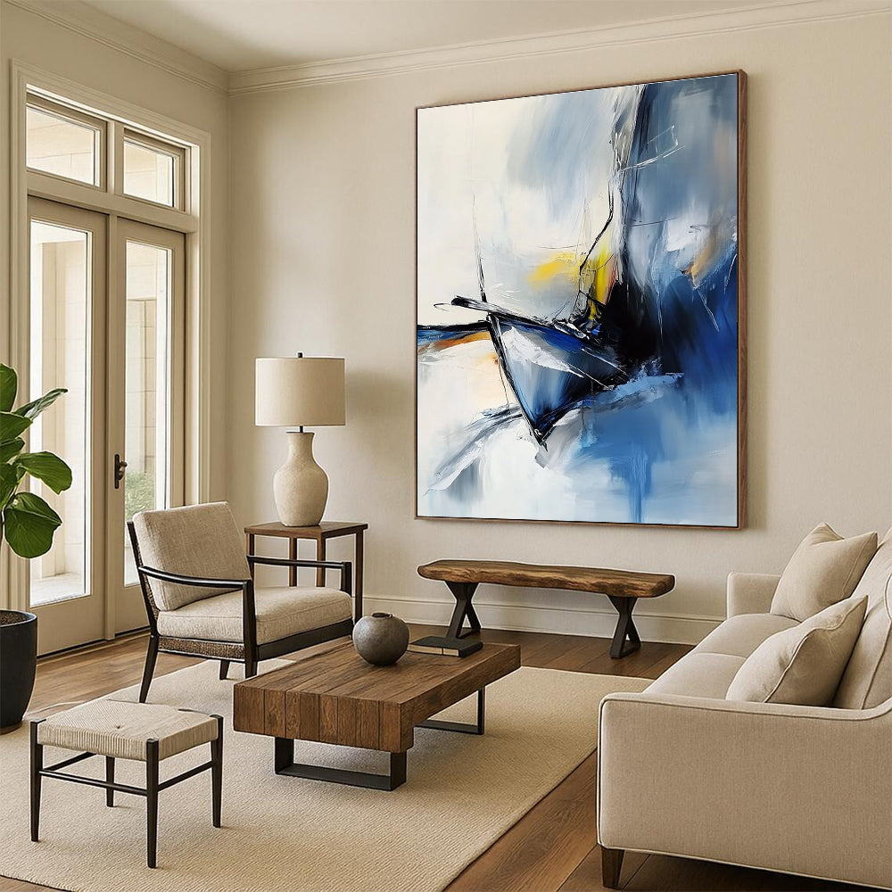 An abstract painting capturing a close-up of a luxury sailboat's bow and figurehead in foggy weather using white blue black grey and yellow.STSC645