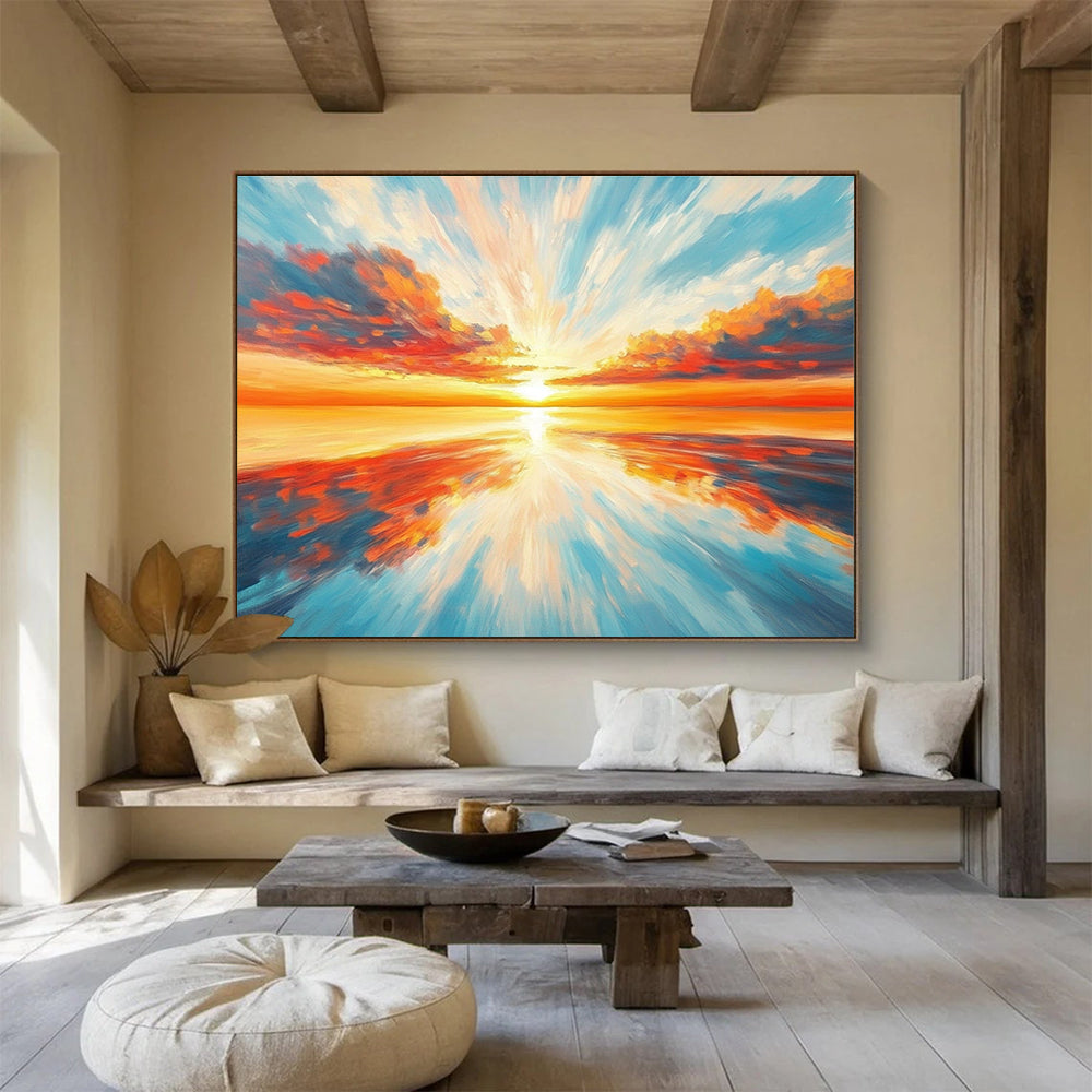 Radiant Sunset Sea Abstract Painting with Orange Red and Blue Tones DYP562