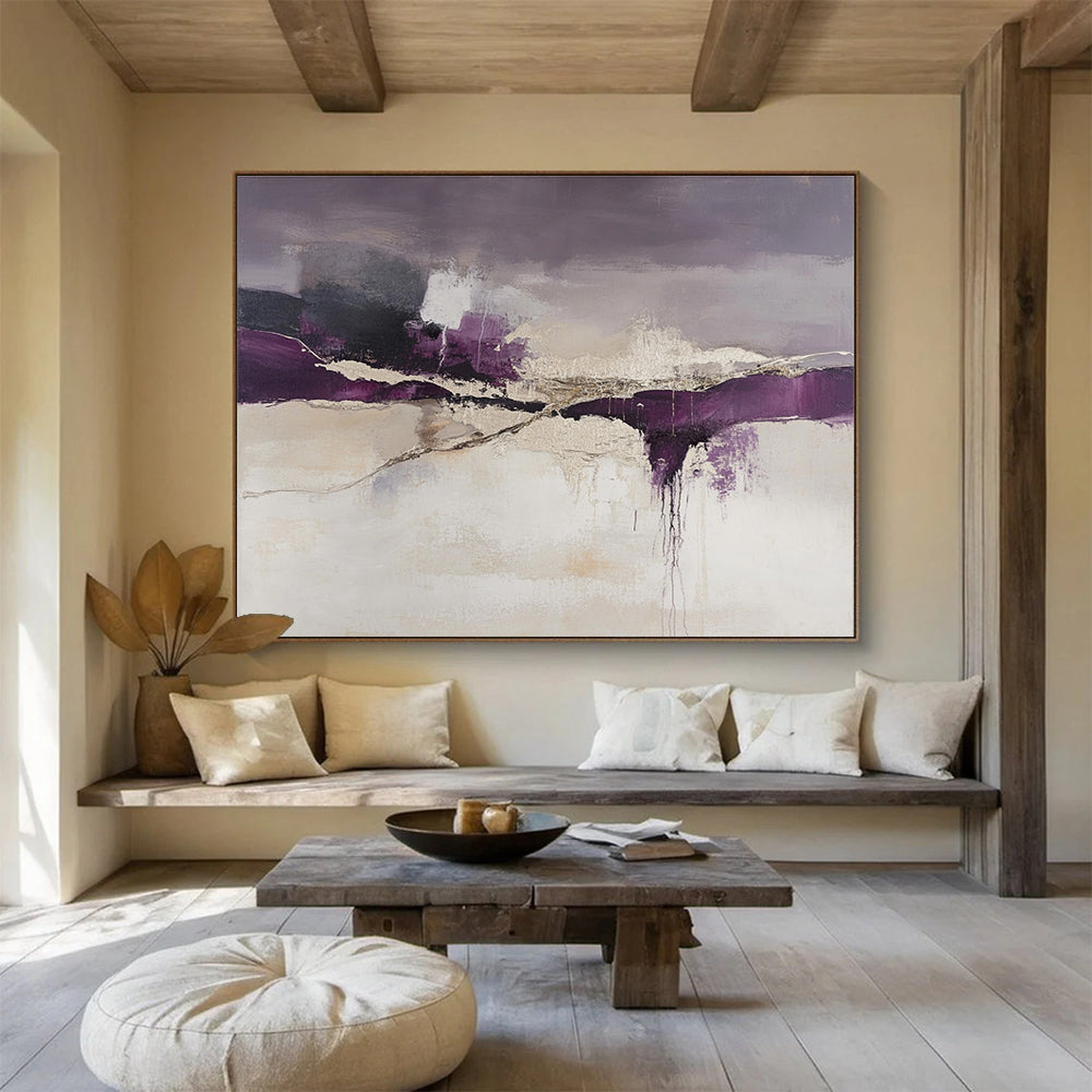 An abstract landscape features purple and beige tones with dark gray cracks in white paint, evoking a unique artistic atmosphere.SC316