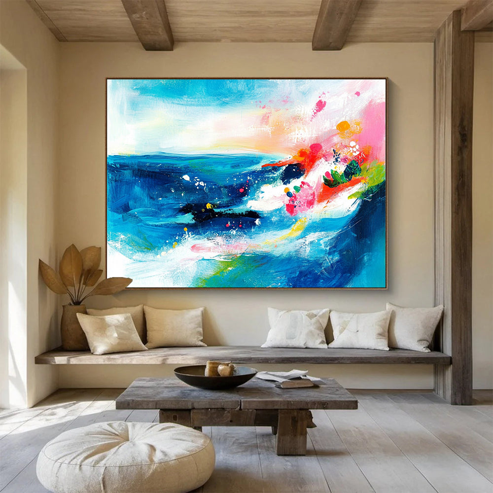 Colorful Sea Abstract Painting with Blue and Pink Hues DYP521