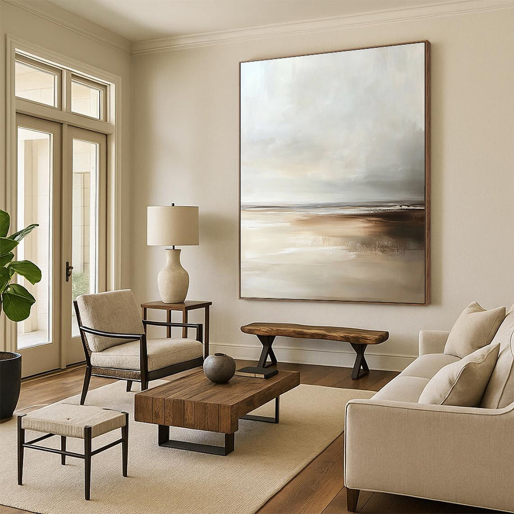 Large Abstract painting depicting a beach scene in muted tones with soft focus and an emphasis on enchanting light at the horizon.STSC018