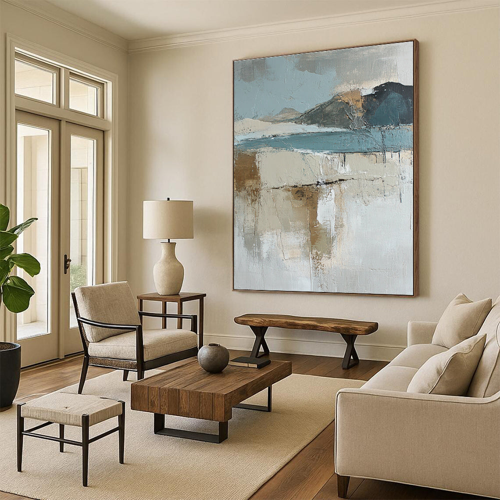 Large abstract oil painting of an Arctic landscape featuring muted earth tones and blue hues enhanced by textured brush strokes.STSC145
