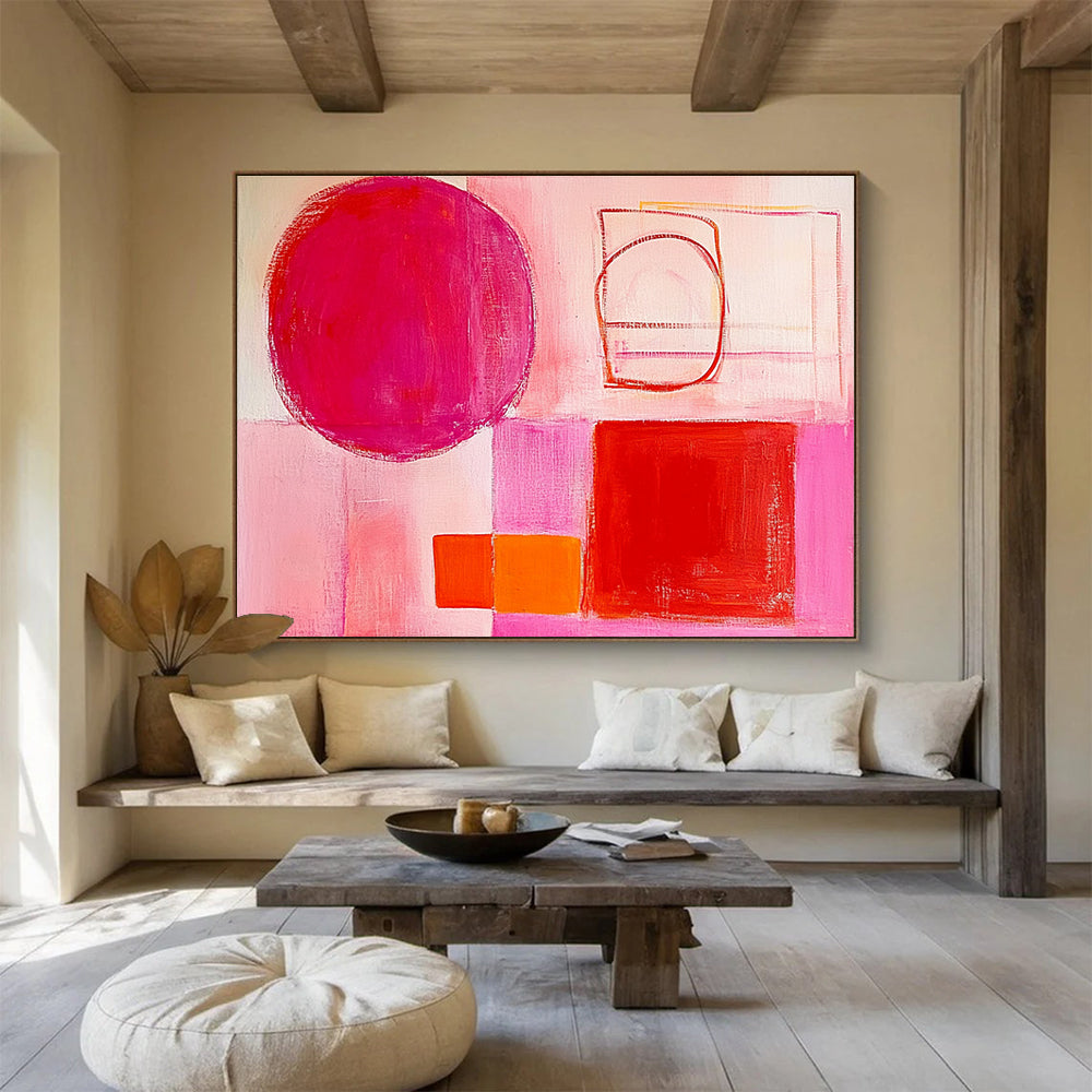 Pink - Toned Abstract Painting with Red and Orange Shapes DYP131