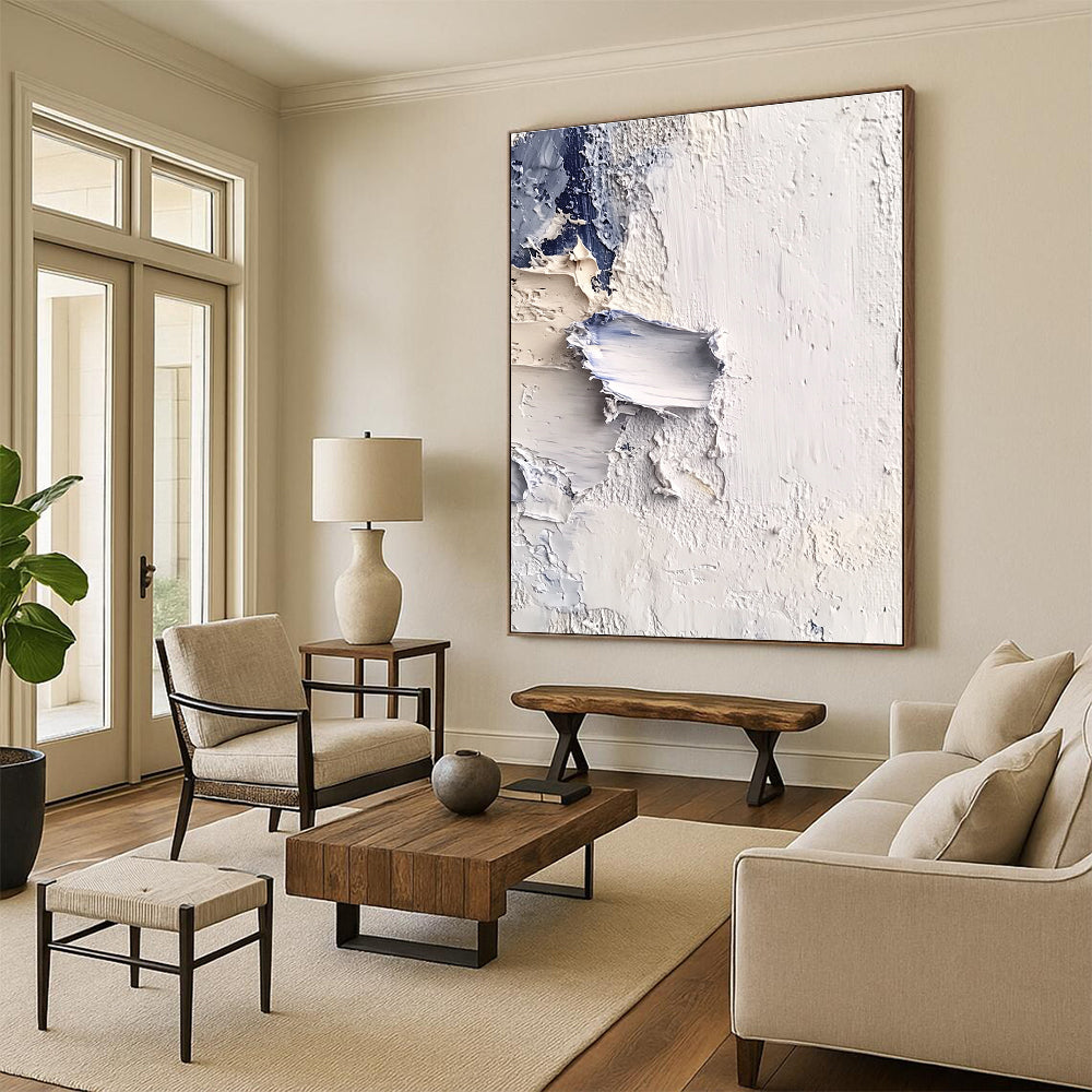 Textured White Blue Abstract Painting with Layered Strokes GER741