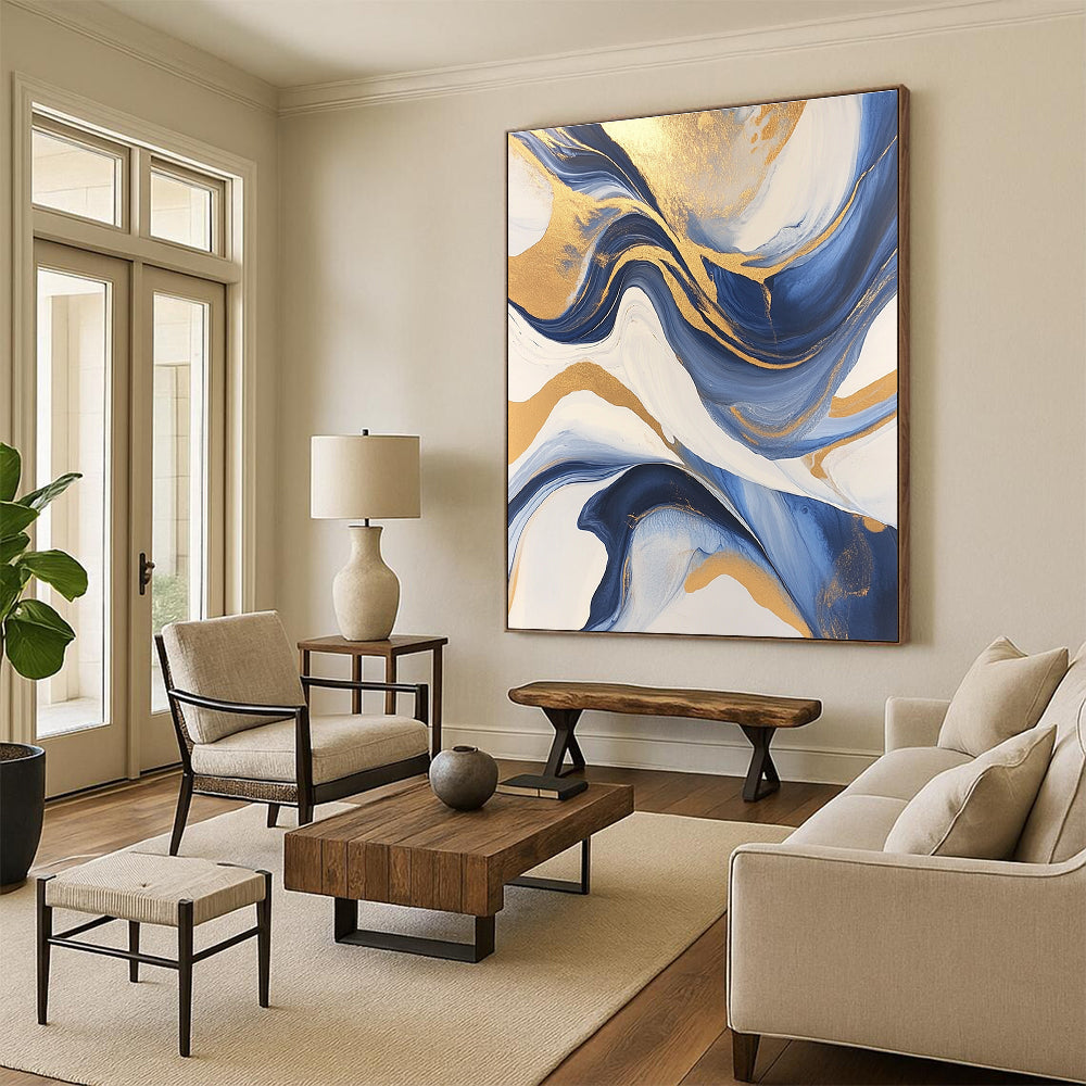 Large Abstract Painting with gold leafing flowing lines fluid acrylics blue black gray and white swirling patterns marbleized surfaces.STSC031