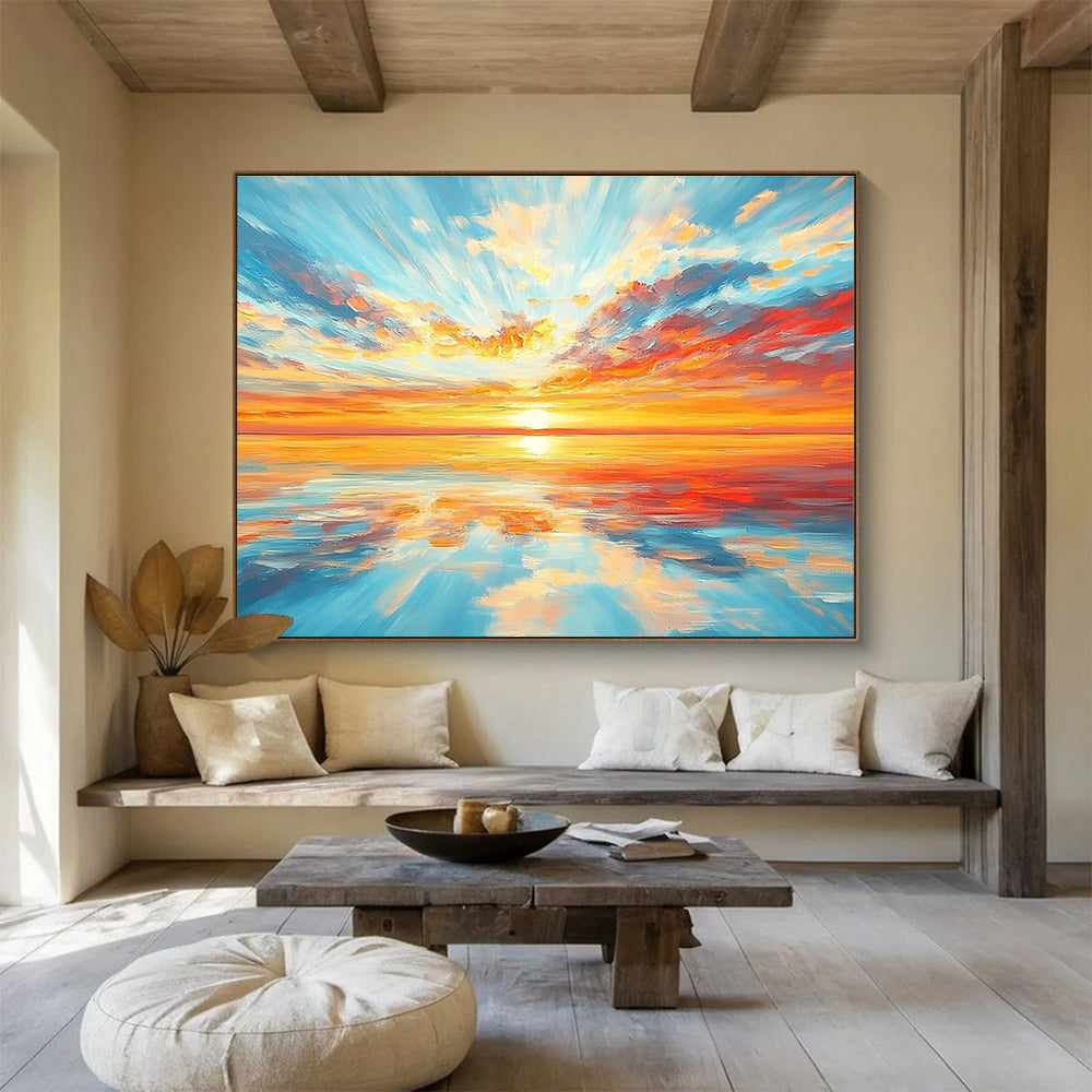 A stunning abstract painting of an endless horizon with a vibrant sunset and colorful reflections on calm waters. Perfect for home decor.SC403