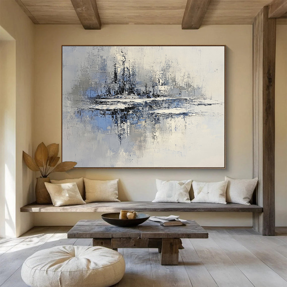 Large abstract painting of an icy lake with floating islands in muted gray and blue tones featuring textured brush strokes and serene winter lighting.SC158