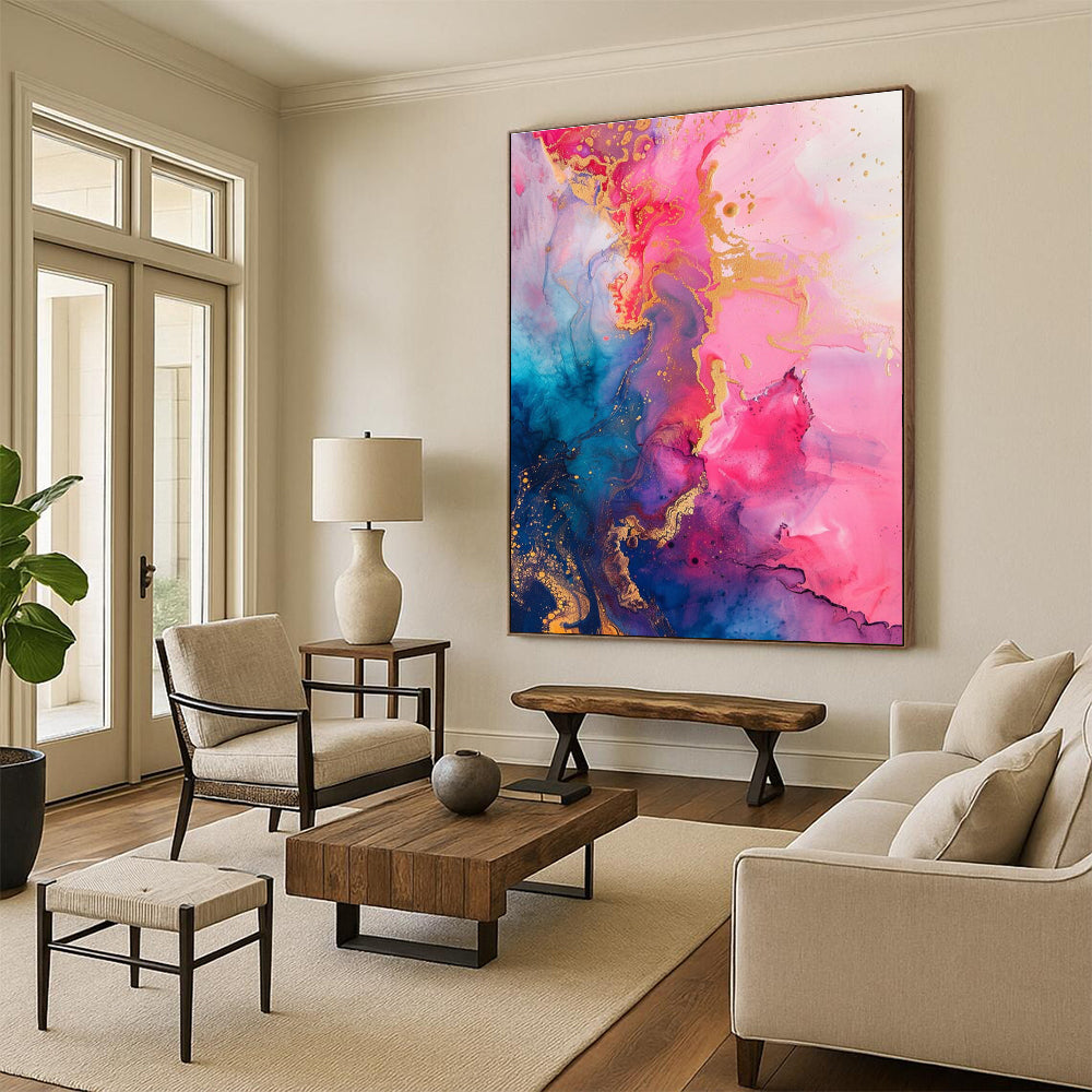Pink Blue and Gold Fluid Abstract Painting ADGE286