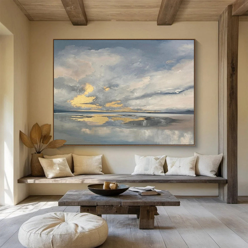 Dramatic Sky and Water Abstract Painting with Grey and Golden Hues THY255