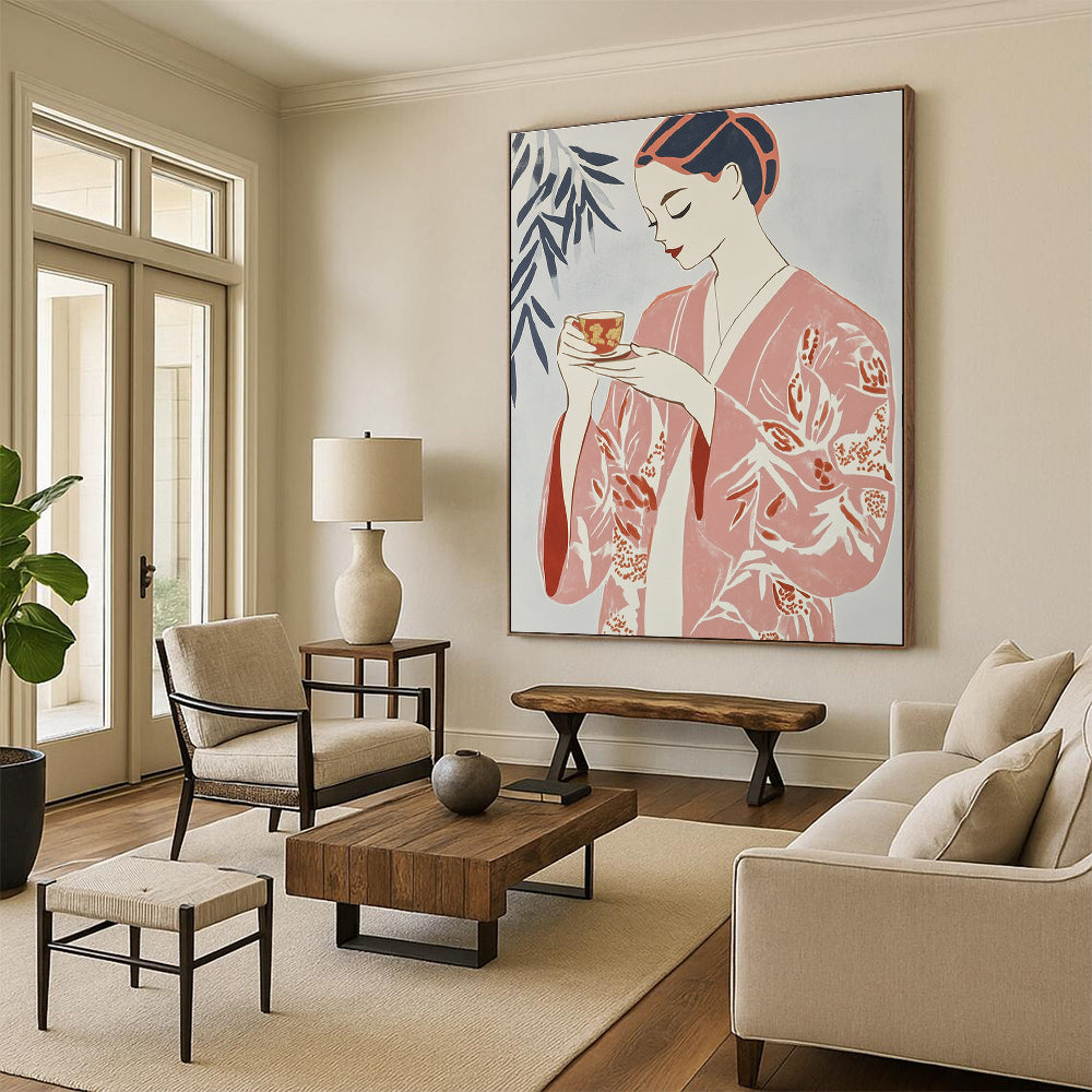 Large Abstract Artwork Featuring A Woman In A Floral Robe Relaxing With Tea Against A Light Grey Background In Risograph Gouache Style.STSC1314