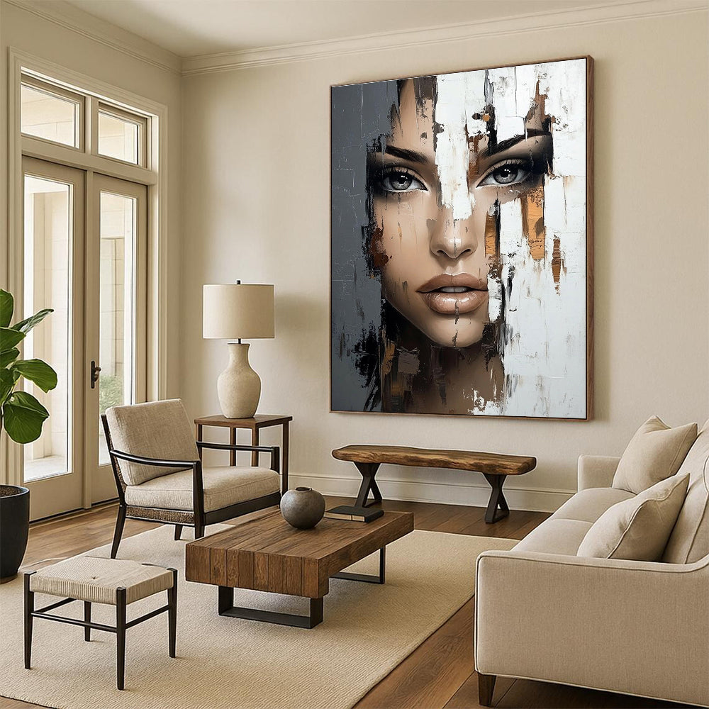 Large abstract painting featuring a woman's face with brushstrokes reflecting the world outside using a rich palette of gray beige and brown.STSC902