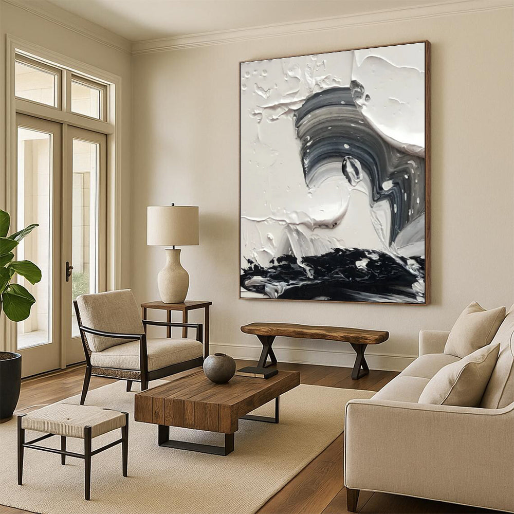 Monochrome Impasto Swirl Abstract Painting with Fluid Textures ADGE444