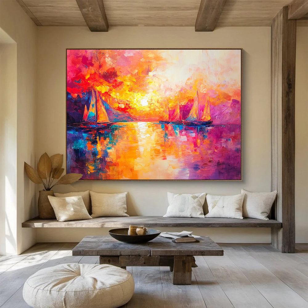 Vibrant Sunset Sailboats Abstract Painting with Bold Color Palette DYP321