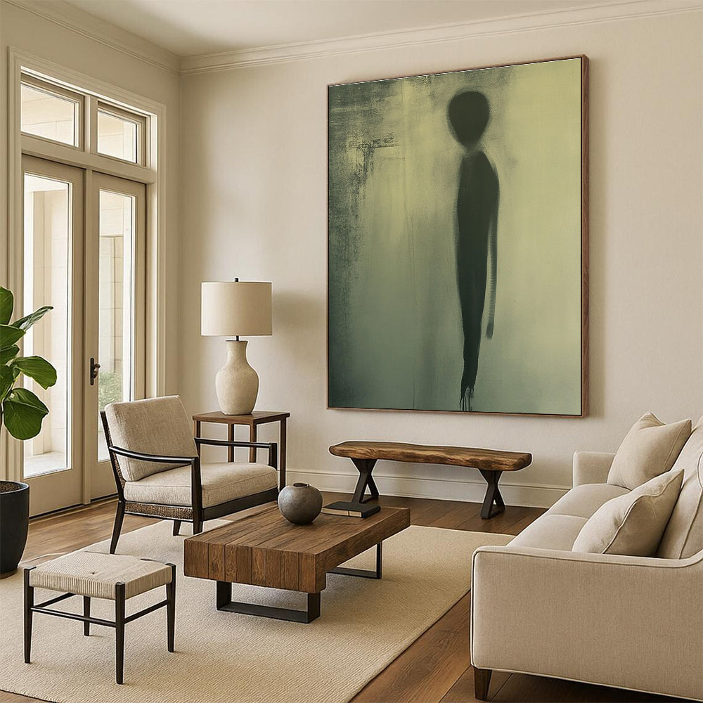 Large abstract painting featuring a faint oval silhouette in muted green tones creating an atmosphere of mystery and intrigue.STSC992