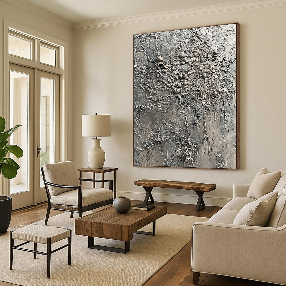 Gray Textured Abstract Painting with Organic Forms GER068