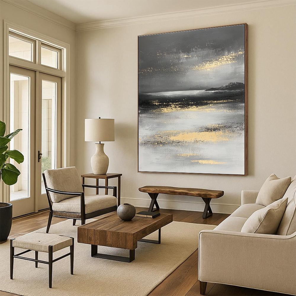 Large abstract painting in gray and white with gold accents depicting a mysterious ocean landscape and misty island.STSC064