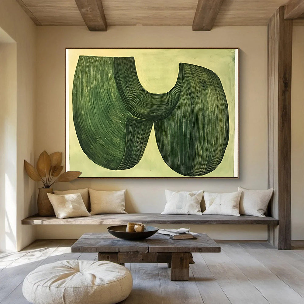 A large abstract painting featuring two organic green shapes fused together on a pastel green background in a 70s retrofuturistic style.SC614