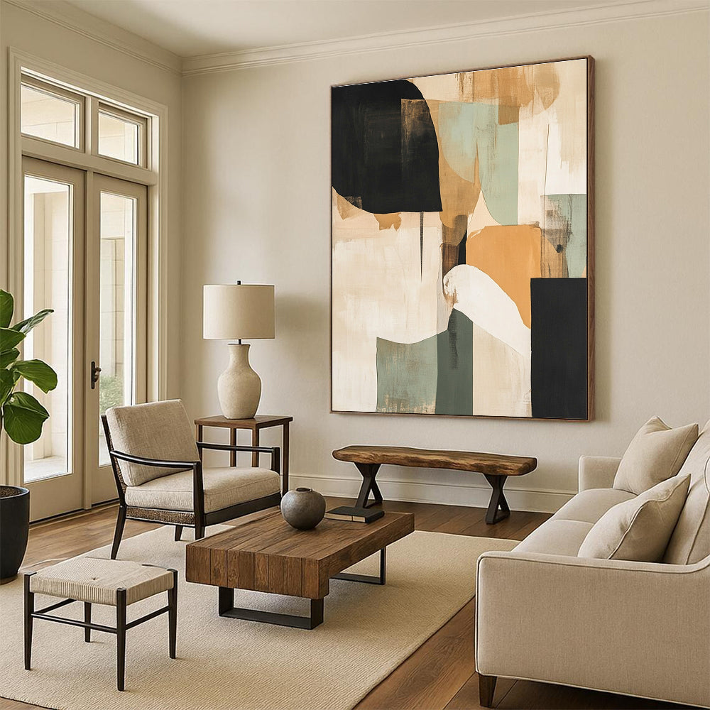 Large abstract painting with beige black and green tones layered with texture featuring organic shapes and a light orange design resembling a tree or cloud.STSC737