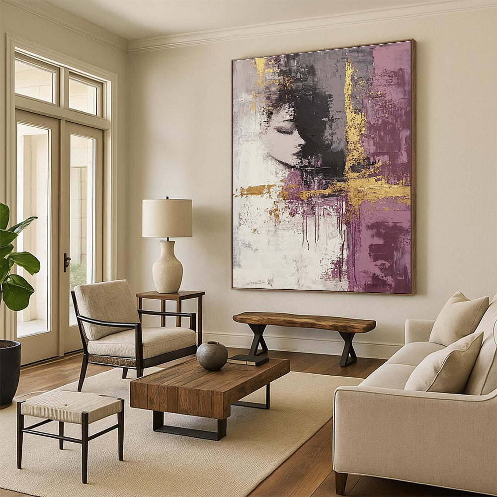 Large abstract art painting featuring dark gray and mauve tones accented with gold and neutral hues to enhance any modern space.STSC009