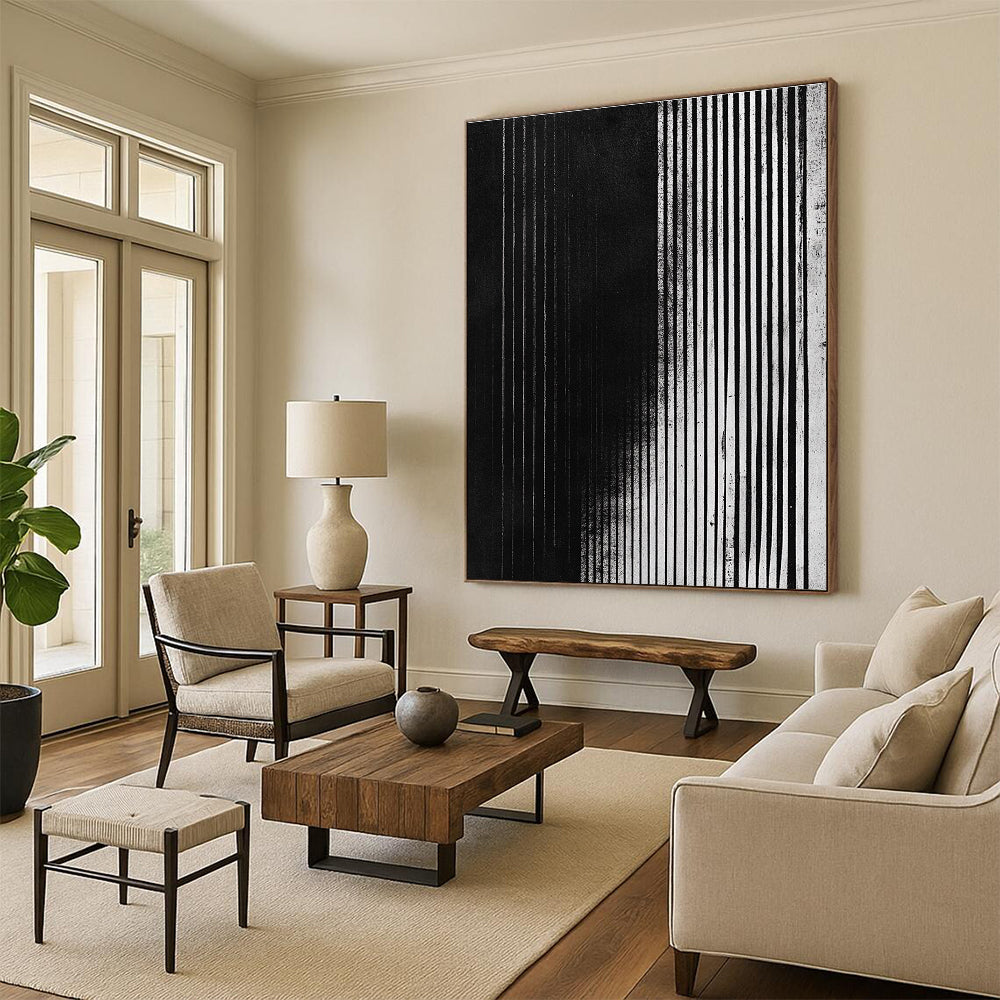 Black and White Vertical Lines Abstract Painting with Textured Surfaces GER013