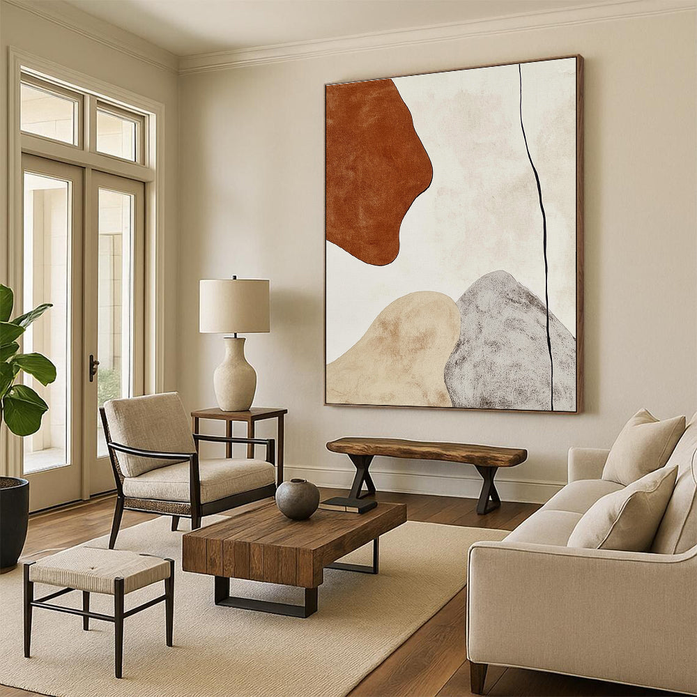 Large Abstract Painting In Earthy Tones Featuring A Brown Shape And Gray Line On A White Background Ideal For Contemporary Interiors.STSC474
