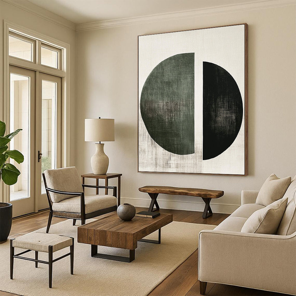 Green and Black Circular Abstract Painting with Geometric Simplicity GER131