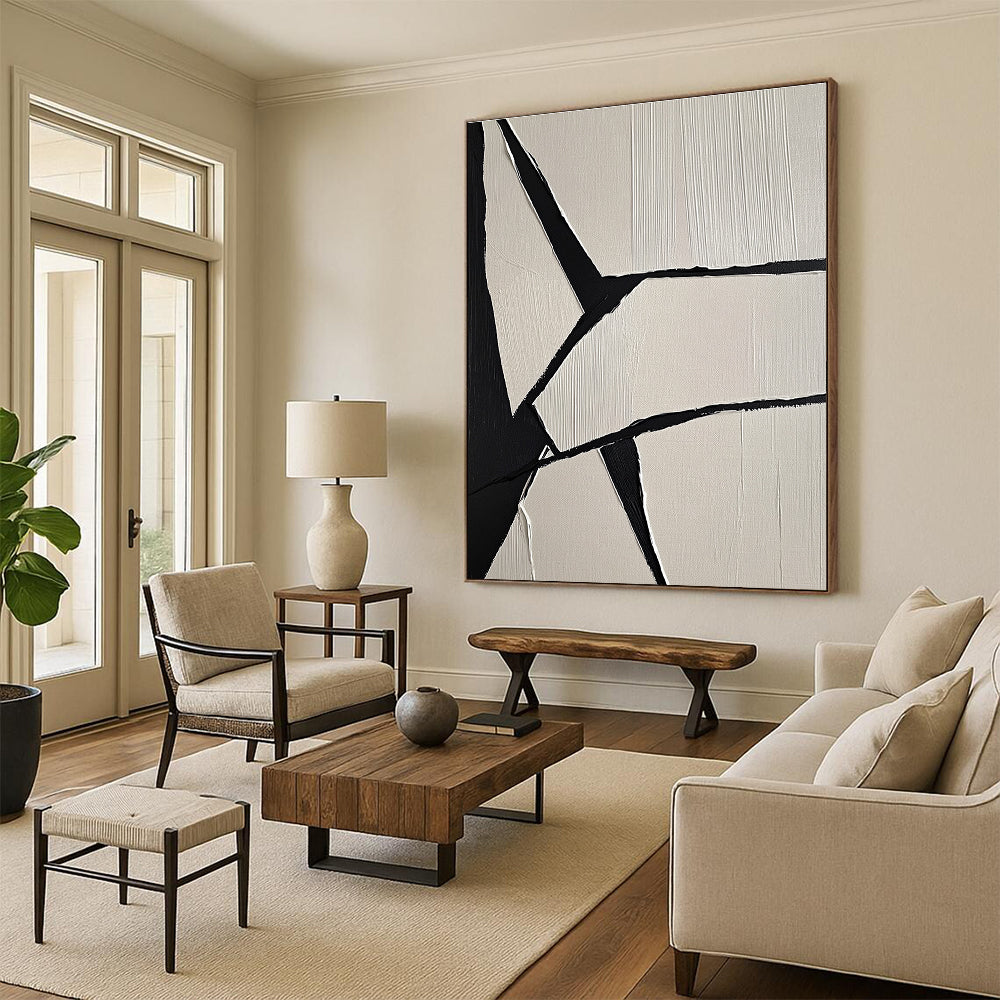 Large abstract painting featuring crumpled paper texture geometric shapes and a cloth detail in a modern gray color scheme.STSC1247