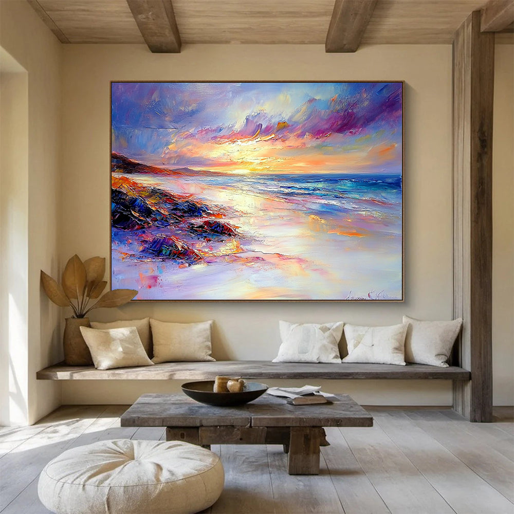 A large abstract painting portraying a tranquil beach sunset with vibrant colors soft lighting and rich details capturing the essence of Impressionism.SC522