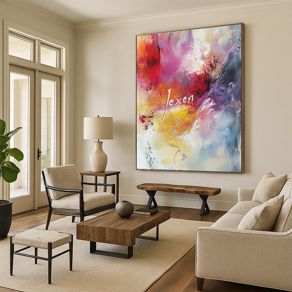 Large abstract painting with pastel colors featuring the word Jexen in elegant script surrounded by swirling patterns evoking tranquility and creativity.STSC802