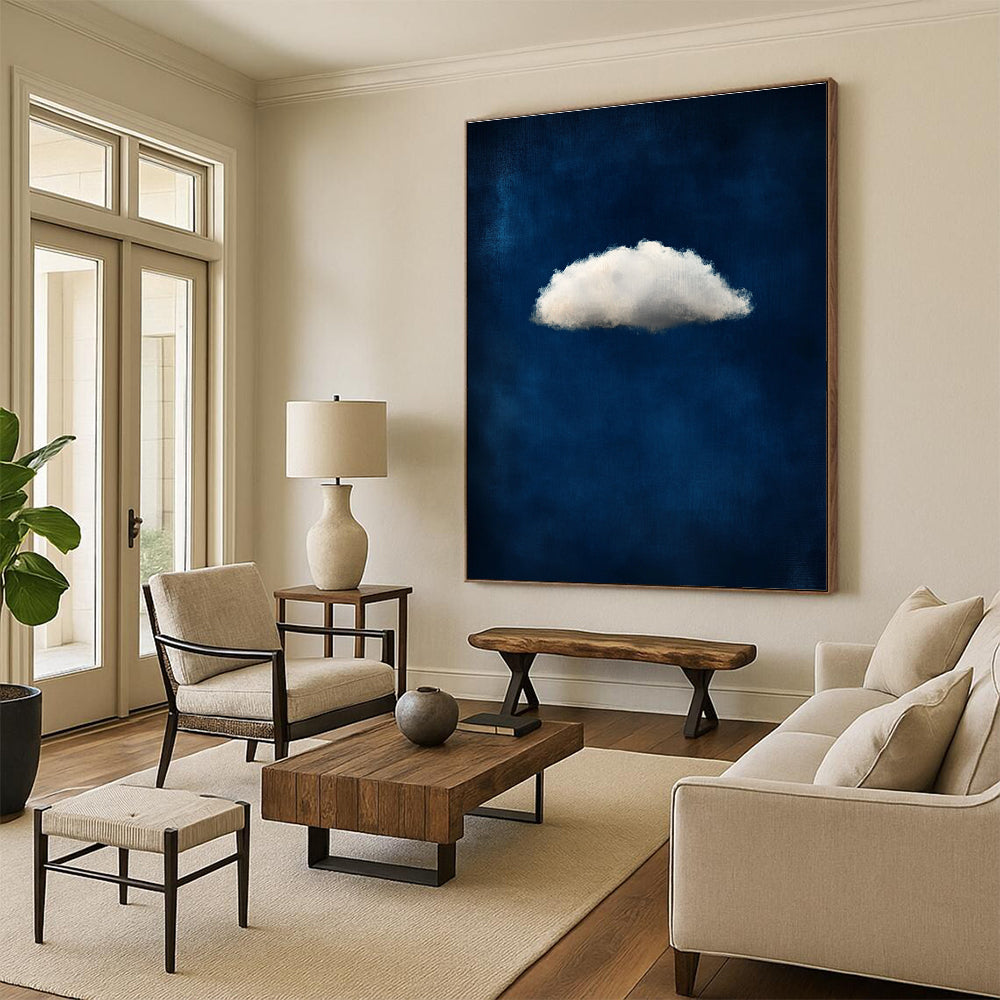 A large abstract painting featuring a small white cloud on a dark blue background evoking ethereal and dreamy atmospheres with soft tones.STSC1403