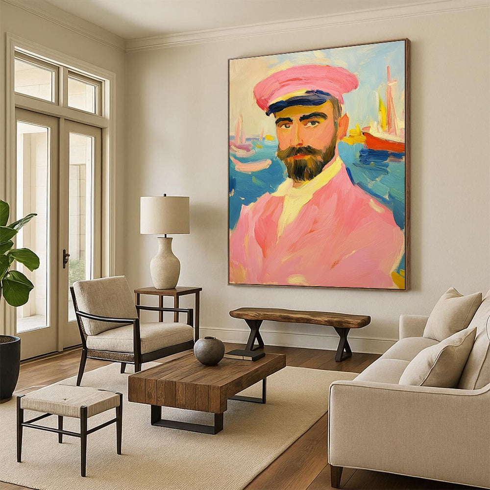 Abstract painting of an artistic man in a pink sailor suit with a mustache and beard against a vibrant sea backdrop featuring boats.STSC1161