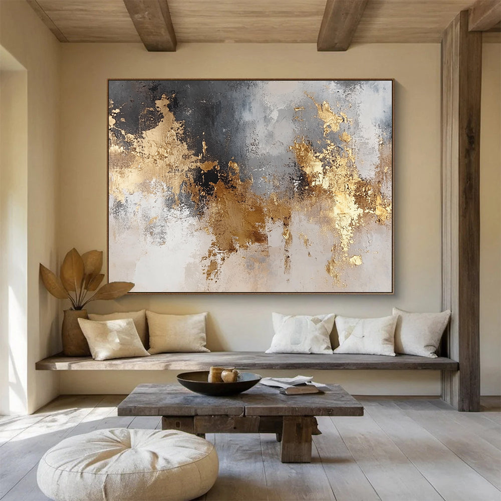 Large abstract art painting featuring gold and silver tones on a neutral background with soft textures and dreamy lighting.SC006