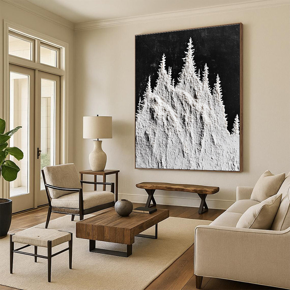 Large abstract painting featuring snow-capped mountain peaks and trees in white powder on a textured black background.STSC1488